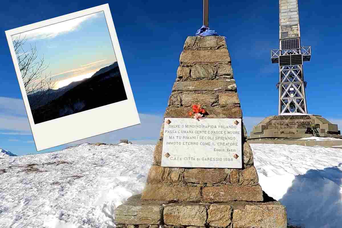 La vetta del Bric Mindino e nel riquadro un dettaglio della vista mare