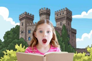 bambina legge un libro e alle spalle una cartoonizzazione del castello di torre alfina