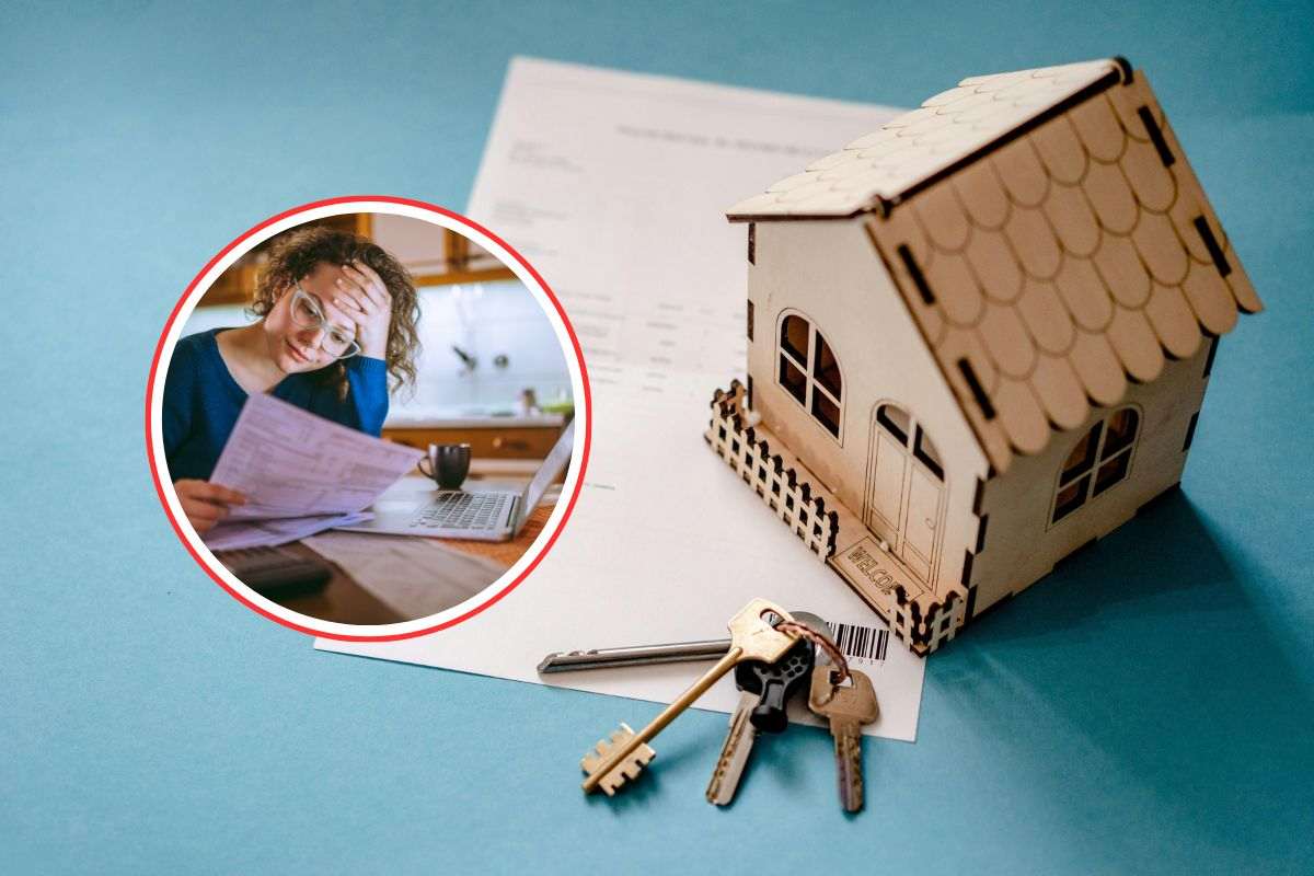 rappresentazione di una casa in affitto e donna preoccupata che legge una bolletta