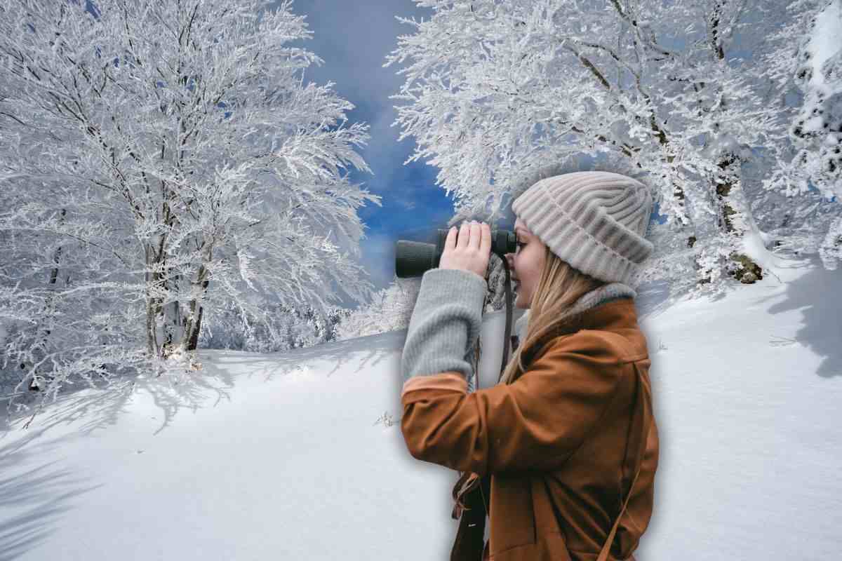 turista con binocolo in mezzo ad un luogo innevato