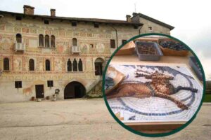 il castello di Spilimbergo e nel cerchio un mosaico lavorato nella famosa scuola
