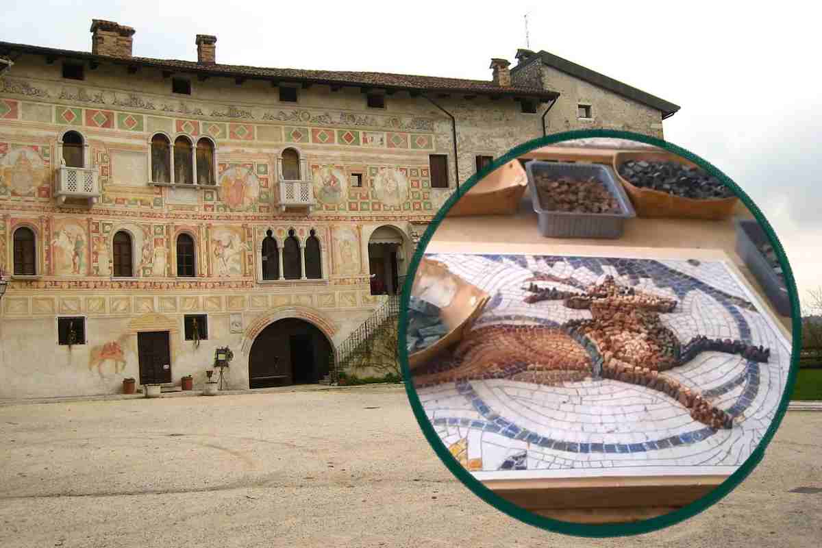 il castello di Spilimbergo e nel cerchio un mosaico lavorato nella famosa scuola