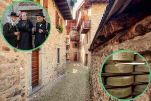 i vicoli di bagolino e nei due cerchi maschere del carnevale e forme di bagoss