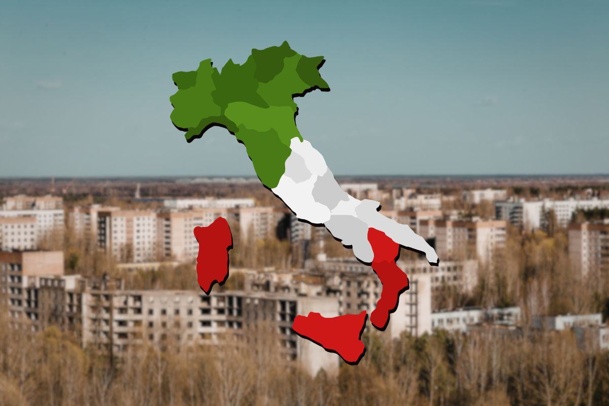 italia sotto forma di cartina geografica e grandi palazzine abbandonate