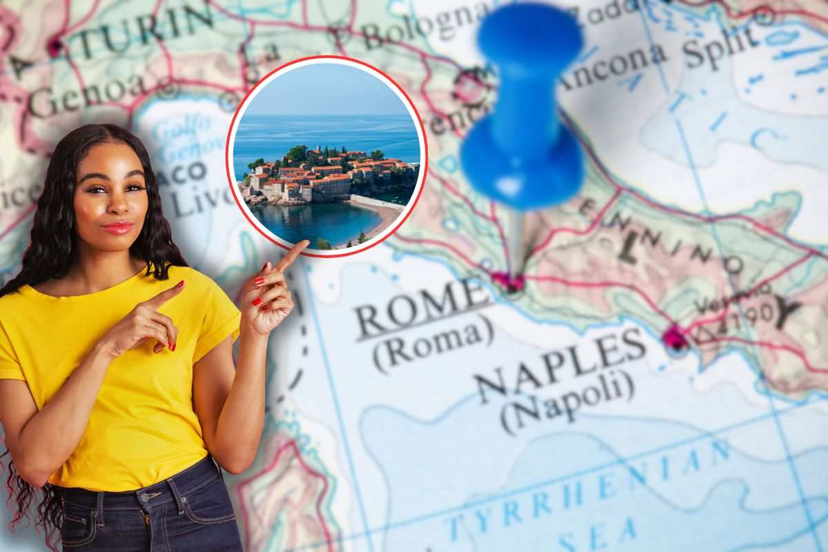 roma su mappa, donna che indica isola in icona rossa