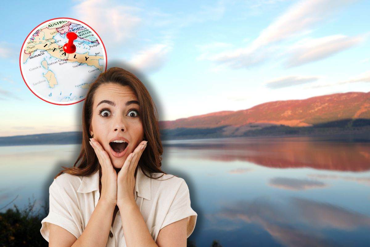 lago loch ness, cartina italia in icona rossa e donna sorpresa