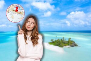 maldive, donna che pensa ed indica cartina italia in icona rossa