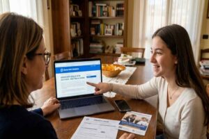 mamma e figlia consultano il bonus gite scolastiche su un portatile