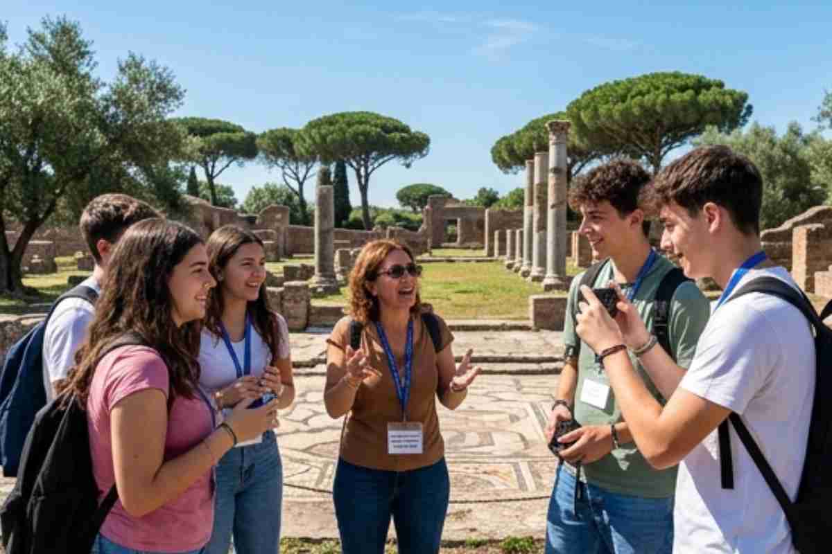 ragazzi in gita insieme a una guida